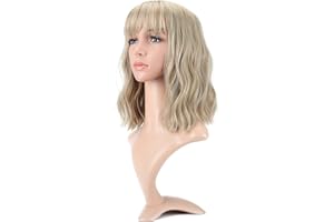VCKOVCKO Natural Wavy Short Bob Wigs With Air Bangs Women's Shoulder Length Wigs Curly Wavy Synthetic Cosplay Wig Pastel Bob Wig for Girl Colorful Wigs(12", Mix Blonde)