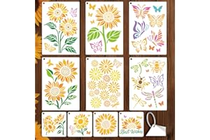 GOMAKERER 10 Sheets Sunflower Butterfy Stencils for Painting, 2 Sizes Flower Clusters Reusable Drawing Templates Floral Plastic Art Templates for Painting on Wall Wood Home Decor, 15x15cm/29.7x21cm