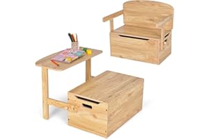 RELAX4LIFE Cassapanca Contenitore Trasformabile 3 in 1 in Legno con Scatola Portaoggetti, Tavolo e Sedie, Scatola dei Giocattoli per Bambini Adatta per Casa e Scuola (Naturale)