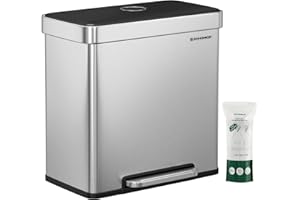 SONGMICS Kitchen Bin, 2 x 30L Stainless Steel Pedal Rubbish Bin with 15 Trash Bags, Recycling and Waste, with Plastic Inner Buckets, Lid, Soft Closure, 58 x 31.5 x 59 cm, Silver LTB202E01