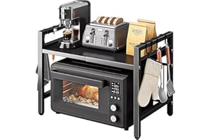 Vebetter Scaffale per Forno a Microonde, Estensibile Mensola Microonde Scaffale da Cucina, Ripiani per Microonde con 4 Ganci, Porta Microonde Salvaspazio, Scaffale Cucina, (40-63) x36x42cm, Nero