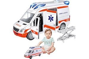 LAMBO Camion Jouet Ambulance, Voiture De Sauvetage, Ambulance Jouet avec Lumière Bleue Et Sirèneet Et Civière, Jouets De Maison De Jeu D'ambulance pour Garçons Et Filles
