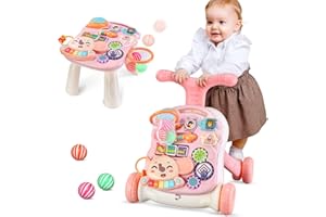 LIUFASHI Trotteur 2 en 1 assis-debout pour bébé, chariot pour tout-petits, centre d'activités pédagogiques, plateau de jeu amovible, jouet d'apprentissage de la musique, cadeau pour garçons et filles,Rose