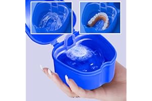Denture Case, Denture Cup with Strainer, DERDOUT Denture Bath Box False Teeth Storage Box with Basket Net Container Holder for Travel, Retainer Cleaning (Dark Blue)