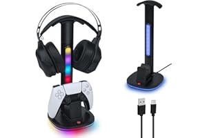 Mcbazel RGB Headset Stand with Charging Station for PS5/PS5 Edge Controller, Controllers Stand & Playstation 5 Controllers Holder, Premium RGB Gaming Headphone Holder – Black