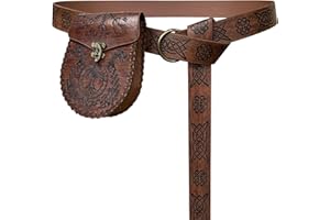HiiFeuer Medieval O-Ring Belt with Nordic Embossed Pouch, Vintage Faux Leather for LARP (Brown)
