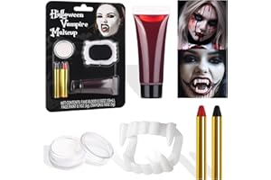 BOBISUKA Halloween Vampire Makeup Kit with White Face & Body Paint, Fake Blood, Black and Red Face Paint Crayon and Fake Teeth SFX Makeup Set for Zombie Wounds Clown Cosplay Special Effects Makeup