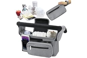 Cartlant Pram Organiser Bag, Buggy Prams Caddy with Insulated Drink Cup Holder and Phone Storage, Universal Baby Pushchair Organizer Stroller Handle Bag with Strap and Detachable Pocket (Grey)