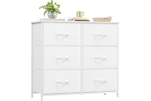 Somdot Chest of Drawers for Bedroom with 6 Drawers, Wide Storage Organizer Fabric Dresser for Closet Nursery Bedside Living Room Laundry Entryway Hallway, White Leather