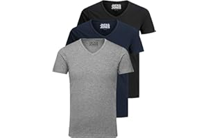 Jack & Jones Lot de 3 t-shirts basiques à col en V pour homme, Couleur unie, Coupe slim, en blanc, noir, bleu, gris