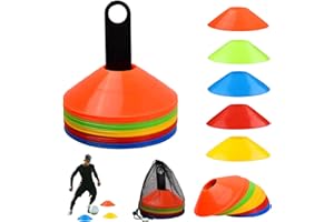PTJJXA 50 Pcs Plots de Marquage, 5 Couleurs Cone de Signalisation 19x5cm, 22g par Cône, avec Poignée de Transport et Sac en Filet, Plots Entrainement pour Enfants et Adultes, Plots Sport pour Football Cône