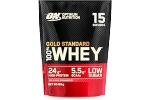Optimum Nutrition Gold Standard 100% Whey Muscle Building And Recovery Protein Powder With Naturally Occurring Glutamine And BCAA Amino Acids, Delicious Strawberry Flavour, 15 Servings, 450 G