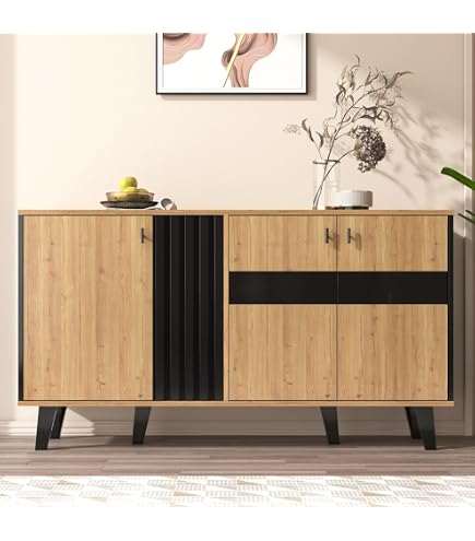 Buffet Salon 3 Portes Skraut Home 140x40x92cm - Style Nordique Chêne/Noir - Rangement Salle à Manger