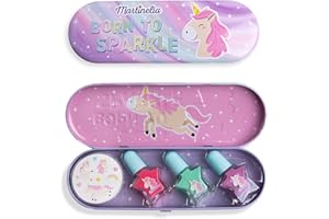 Martinelia Plumier Set Manucure Enfant Licorne - Kit Manucure Dans Étui Avec 3 Vernis à Ongles Enfants Colorés & Autocollants Licorne, Étoiles, Cœurs, Arcs-En-Ciel - Mini Vernis à l'Eau Non Toxique