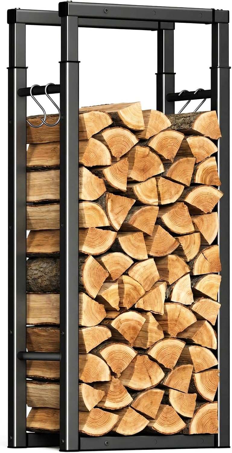 VOUNOT® Soporte de Madera, Estante de Registro de Chimenea, Leñera Registro de Leña, Soporte de Almacenamiento de Madera para Interiores y Exterior, Negro