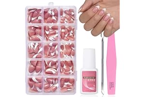 EONFAVE French False Nails - 240 Pcs Almond Press on Nails Set - Fake Nails Nude Pink Color French False Nail Kit - Cute Short Full Cover Stick on Nails Nail Art Manicure for Girls Women