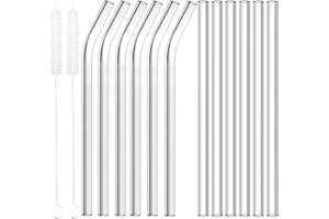 HAUTOCO Szklane słomki wielokrotnego użytku, 21,5 cm, 6 prostych + 6 zakrzywionych, przezroczystych, szerokich, szklanych słomek z 2 słomkami, szczotką do czyszczenia, nadają się do mycia w zmywarce