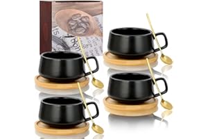 AOOTE Zestaw filiżanek i spodków do cappuccino, 4 szt. porcelanowych filiżanek do kawy espresso ze spodkiem i łyżką, szeroki kubek do cappuccino o pojemności 280 ml, ceramiczny zestaw