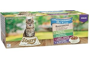 Stuzzy Mokro Żywność dla kotów sterylizowanych, Różne Gusti, Bustonki w sosie - łącznie 4,08 kg (48 kopert 85G: 12 indyk; 12 gęsi; 12 cielęciny; 12 Królik)