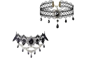 WUSANNA 2 Stück Gothic Halskette Set, Schwarz Choker Halskette Set Schwarz Halsschmuck Damen Gotisch Choker Zubehör GothicTattoo Spitze Choker Halsband für Maskerade Karneval Fasching Cosplay