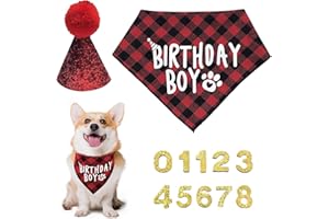 VBRHFRIF 3 Pieces Of Dog Suits, 1 Piece Of Red Triangle Scarf With Ironed Letters, 1 Piece Of Big Red Hat, 1 Pack Of Golden Numbers, Triangle Scarf, Pet Birthday Dress