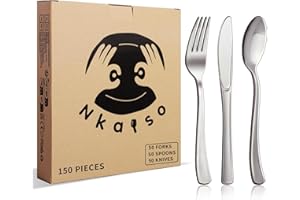Nkaiso Tavolieri per feste 150 Pezzi Argento Posate Riutilizzabili, 50 Forchette, Coltelli, Cucchiaio, Adatto Per Feste, Campeggio, Compleanni e altre scene