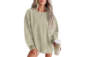 QIXING Damen Sweatshirt Oversize Pullover Rundhals Baumwollpullover Langarm Cordpullover Tops Herbst Mode Outfits 2025