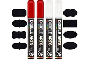 DIGIELE Rotulador Tiza Liquida Blanco + Rojo, 6mm 2pcs Blanco + 2pcs Rojo Rotuladores de Tiza Líquida + 16 Pizarra Reutilizable Etiquetas, Borrado con Seco y Húmedo, Punta Reversible de Bala o Cincel