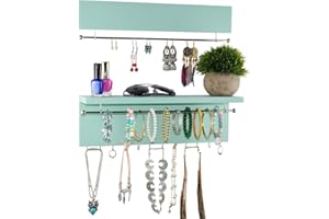 Spiretro Wall Mount Set of 2 Jewellery Holders, Removable Silver Metal Rod for Earrings, Bracelets, Hooks for Hanging Necklaces, Rings, Accessories Trays, Wood_Turquoise