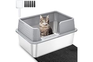 Vealind Stainless Steel Litter Box Metal Cat Litter Tray Heavy Duty, High Sided Cat Litter Tray with Detachable Rim Enclosure Sturdy Durable Large Kitty Litter Pan