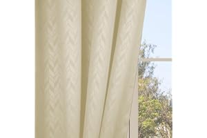 LINENWALAS 100% True Blackout Curtains 7 Feet Long - Set of 2 Panels, Herringbone Embossed Design Complete Light Block, Thermal Insulated & Noise Reducing Room Darkening Curtains (Beige)