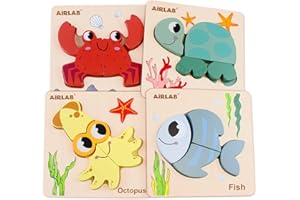 Airlab Montessori Toys for 1 2 3 Year Old Girls Boys, Wooden Jigsaw Baby Chunky Shape Puzzles, Fine Motor Skills Sensory Learning & Educational Travel Toys, First 1st Birthday Gifts