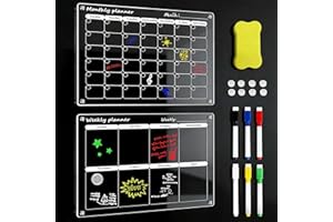 DALETU 2 pezzi di calendario magnetico in acrilico, lavagna riutilizzabile per il frigorifero, chiara agenda familiare con gomma a secco magnetica, 6 pennarelli per pasti, menu, spesa, promemoria