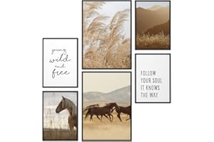 Papierschmiede® Mood Poster Set Wild and Free, Deko Bilder Wohnzimmer, 2x DIN A4 und 4x DIN A5, Home Decoration Boho Style Boho Pferde Weide Getreide Beige - Wandposter ohne Rahmen
