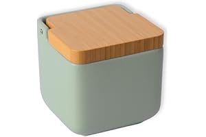 KOOK TIME Salzdose Keramik mit Klappdeckel aus umweltfreundlichem Bambus - Praktischer Salztopf und Salzbehälter für die Küche, Salzfass Keramik mit Deckel, Ideal als Salzgefäß - Salbeigrün