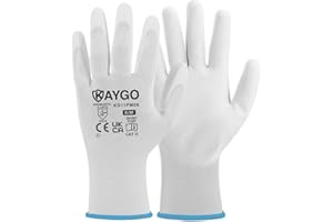 KAYGO Work Gloves PU Coated-12 Pairs, KG11PW, Safety Working Gloves with Secure Grip on Palm & Fingers, for Men and Women, Ideal for General Duty Work, Gardening (Medium, White)