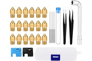 SARIPUTA Kit de Buses D’imprimante 3D 18 Pièces Mk8 en Laiton (0,2/0,4/0,6/0,8/1,0 Mm) avec 12 Accessoires, 30 Pièces au Total, Compatible avec Filament 1,75 mm CR-8 / CR-10 / Ender 3 / Ender 3S / 5/6