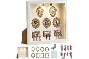 YOUYIKE Minimuseum bildramar med LED-ljus, gör-det-själv vit kant Museum of us med 8 mini guld små bildramar och miniatyrfigu