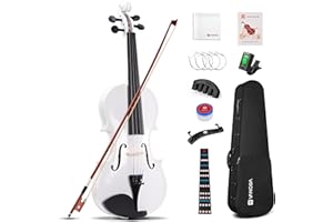 Vangoa 4/4 Violine Erwachsene Akustische Geige Violin Anfänger Set für Studenten Starter mit Geigenkoffer, Kolophonium, Schulterstütze, Stimmgerät, Saiten, Geigenbogen, Griffbrettaufkleber, Weiß