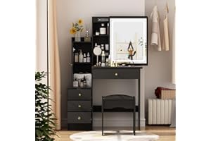 CALDION Toeletta,Toilette Trucco con Sgabello e Luci,Postazione Trucco con Specchio,Tavolo da Trucco con 5 Cassetti Nero