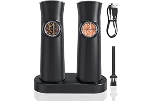 JOQINEER Molinillo de Pimienta Electrico Molinillo de Sal Sensor de Gravedad Molino de Pimentero Automático Recargable Base de Carga Tipo C con Grosor Ajustable Cuerpo Ergonómico de Acero Inoxidable Luz LED
