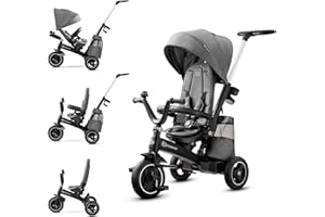 Kinderkraft EASYTWIST Triciclo Infantil, con Accesorios, Ventana de Techo, Cinturones de Seguridad, rotación de 360 Grados, Rueda Libre, Barra de Empuje, a Partir de 9 Meses hasta 5 años, Gris