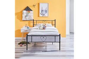 EGGREE - Marco de Cama Individual de Metal con cabecero y piecero para niños y Adultos, Corazón Negro 90 x 190 cm