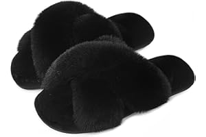 Womens Cross Band Slippers Cozy Furry Fuzzy House Slippers Open Toe Fluffy Indoor Shoes Outdoor Slip on Warm Breathable Anti-skid Sole