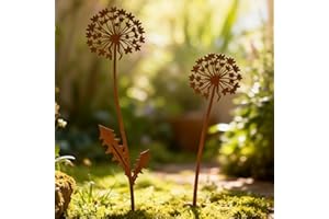Scinzene 2er Set Gartenstecker Rost Pusteblume 28cm - Gartendeko Für Draußen Wetterfest Metall - Blumenstecker Edelrost Löwenzahn - Balkon Deko Wetterfest, Gartendeko Rost