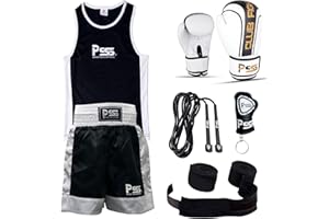 PRIME LEATHER Prime Sports Shop Ultimate Kids Boxing Uniform Set of 5 Pieces Comfortable Student Uniform age 3-14 Years Boxing Gloves 4-OZ Free Boxing Wraps Color White and Black 1006