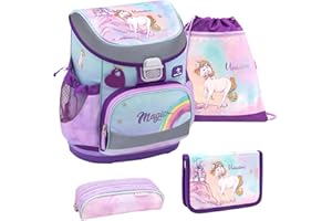 Belmil ergonomischer Schulranzen Set 4 -teilig für Mädchen 1, 2 Klasse Grundschule/Super Leicht 800-860 g/Brustgurt/Einhorn, Regenbogen/Lila, Rosa (405-33 Rainbow Unicorn Magic)