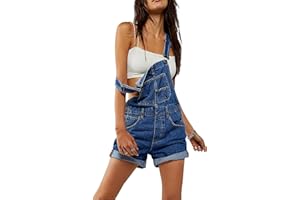 CUSGHJBSG Women Denim Bib Shor Overalls Adjustable Suspender Romper Shorts Casual Rolled Cuff Wide Leg Jumpsuit Shortalls With Pocket
