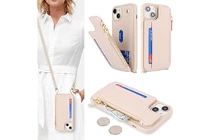 SailorTech Handyhülle für iPhone 15 Etui mit Kartenfach, iPhone 15 Hülle mit Verstellbarer Halskette, iPhone 15 Handytasche mit Reißverschluss Geldbörse - Aprikose