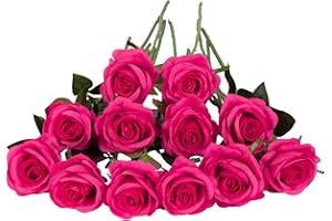 LAELFE 12 Pcs Fleurs de Rose Artificielle Fushia, Longues Tiges Fausse Roses en Soie pour Bouquet de Mariée Douche Nuptiale Décorations de Jardin à la Maison (Fuchsia)